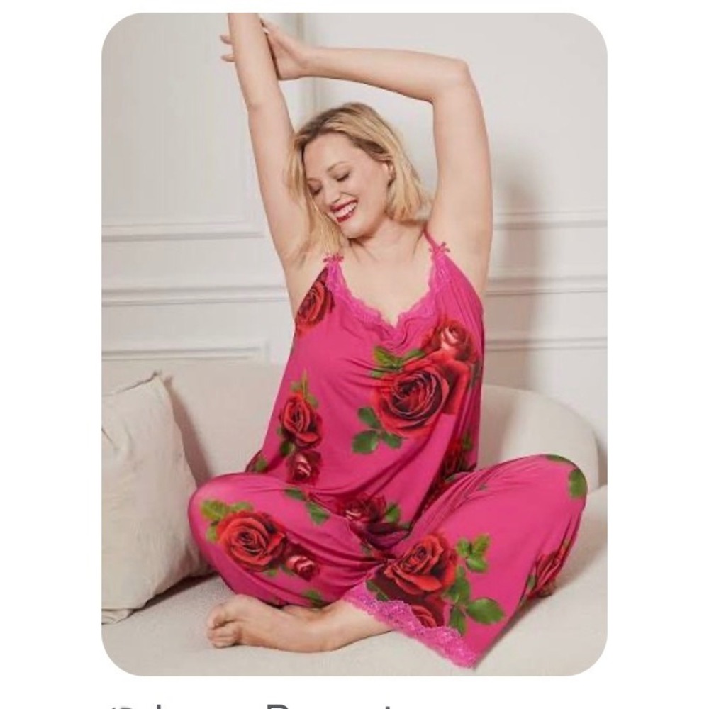 Cacique Pink/Rose Floral Pajama Set Lace Trim Cami & Wide Leg Pants Plus 18/20